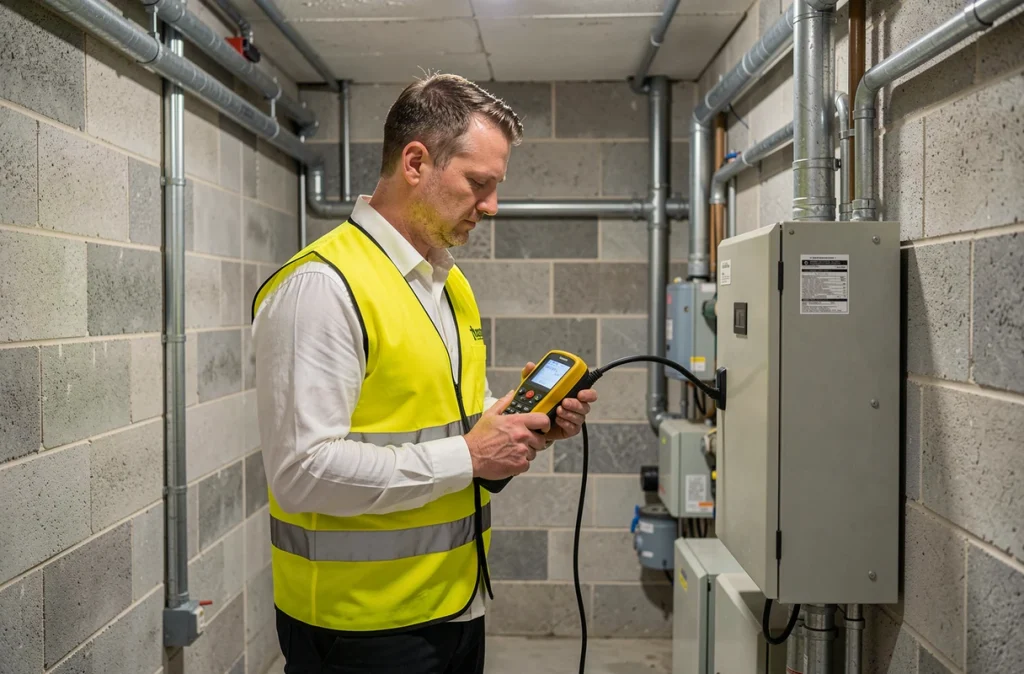 Technicien de l'AAC Agence Atlantic Controle effectuant un diagnostic gaz dans une installation résidentielle
