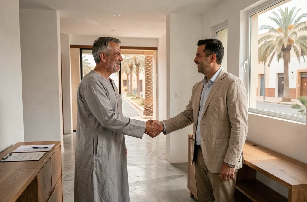 Poignée de main après accord sur le prix de vente d'un appartement rénové dans le quartier Guéliz à Marrakech