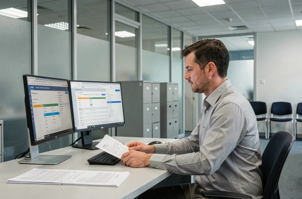 Agent de bureau d'attribution de logements sociaux travaillant sur un logiciel de gestion des candidatures LOC'annonces
