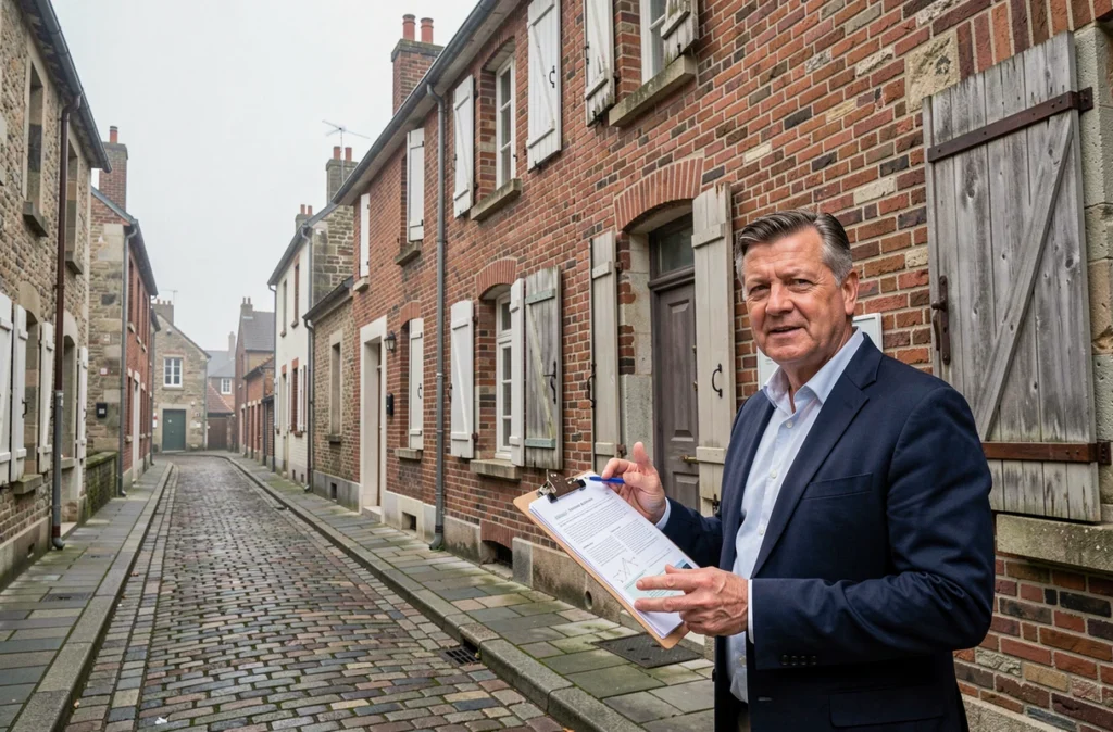 Agent immobilier présentant une assurance habitation devant une maison typique de Boulogne-sur-Mer