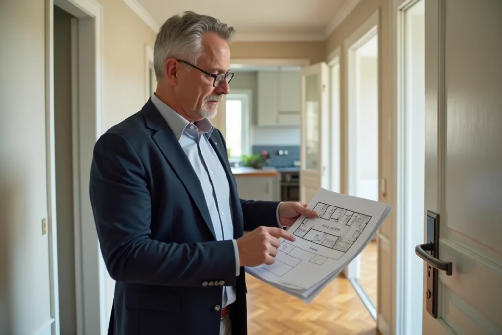 Agent immobilier tenant un plan d'appartement T3 devant une petite chambre, expliquant la réglementation sur la superficie minimale