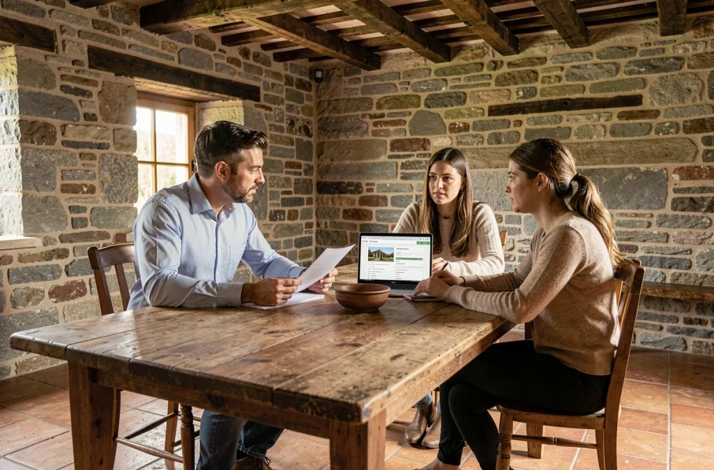 Agent immobilier en réunion avec des clients pour finaliser une vente rapide de maison en Lozère suite à un divorce