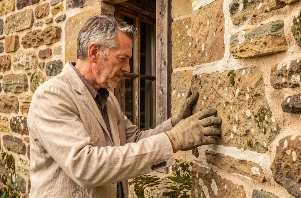 Spécialiste de L'Atelier du Bâti Ancien et du Développement Durable inspectant la façade en pierre d'une ferme béarnaise traditionnelle