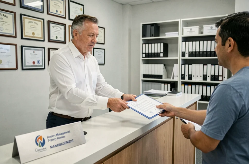Conseiller du Cabinet Demons accueillant un client dans une agence de syndic