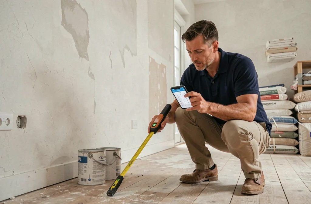 Homme utilisant un outil de mesure laser et une application calculatrice m2 sur smartphone lors de travaux de rénovation