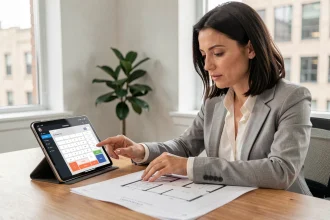 Femme utilisant une calculatrice de surface en m² sur tablette avec un plan architectural imprimé sur son bureau