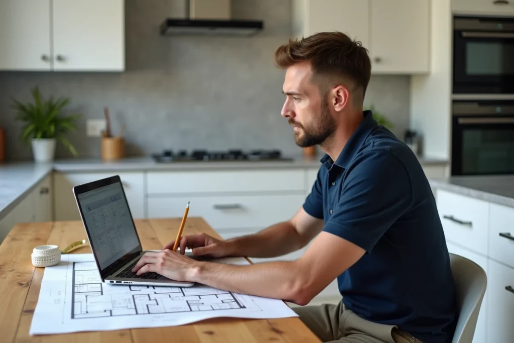 Homme utilisant une calculatrice de surface en ligne sur un ordinateur portable avec un plan architectural sur une table de cuisine