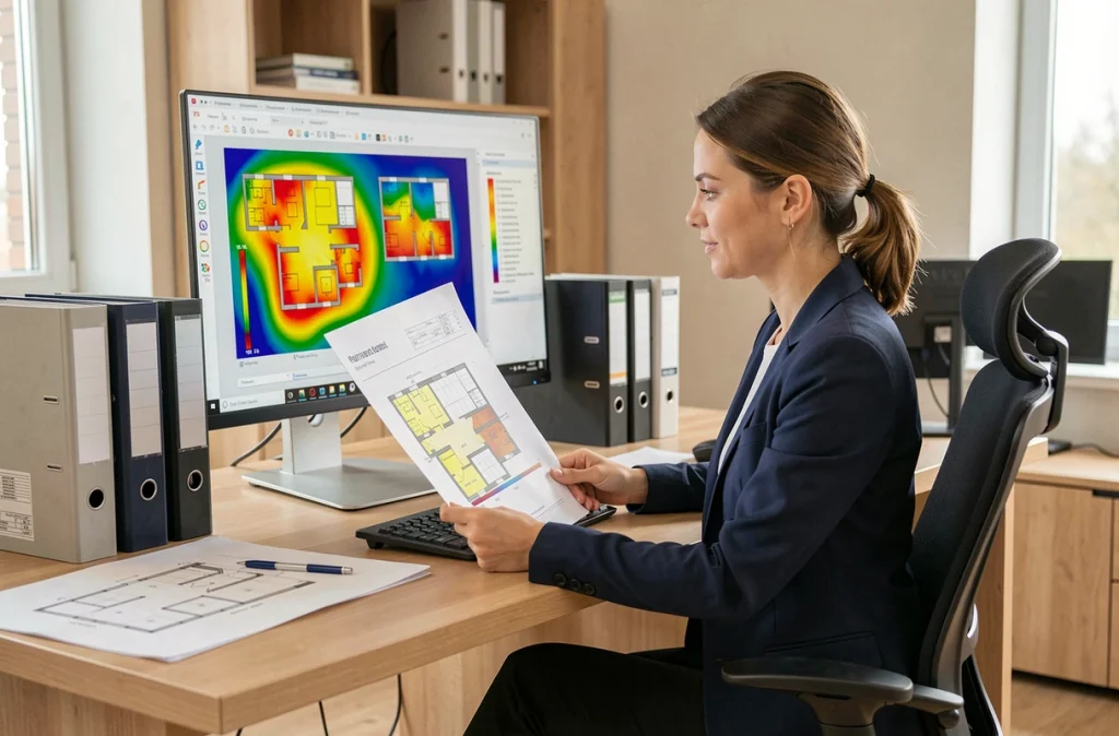 Diagnostiqueur CED2I analysant un rapport de diagnostic immobilier sur écran dans un bureau professionnel