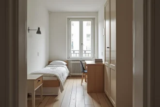 Petite chambre de moins de 9m² dans un appartement T3 parisien, avec lit simple, bureau étroit et fenêtre sur cour
