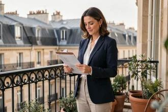 Chasseur d'appartement professionnelle sur une terrasse parisienne avec vue sur les toits haussmanniens