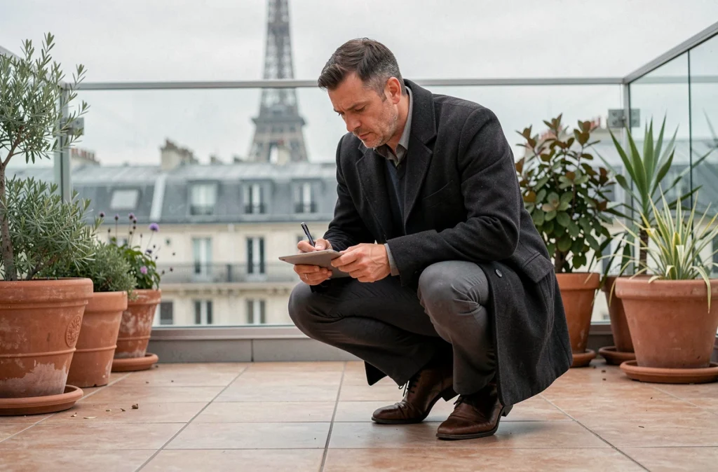 Chasseur immobilier inspectant une terrasse parisienne avec vue sur la Tour Eiffel