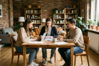 Trois colocataires jeunes adultes discutant de documents d'assurance habitation autour d'une table dans leur appartement partagé