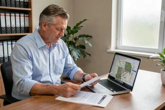 Homme consultant un document cadastral et une carte en ligne pour identifier le propriétaire d'une parcelle