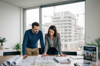 Couple examinant des plans immobiliers dans une agence à Nanterre avant l'achat d'un logement neuf