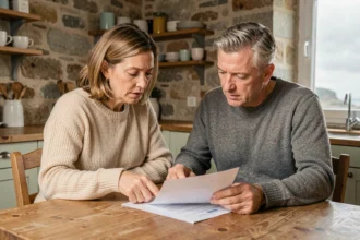 Couple comparant des offres d'assurance habitation dans un appartement côtier à Boulogne-sur-Mer
