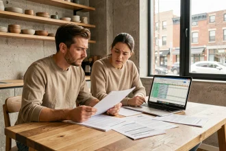 Couple trentenaire examinant des documents de prêt immobilier et un budget sur ordinateur portable dans une cuisine moderne d'appartement en location