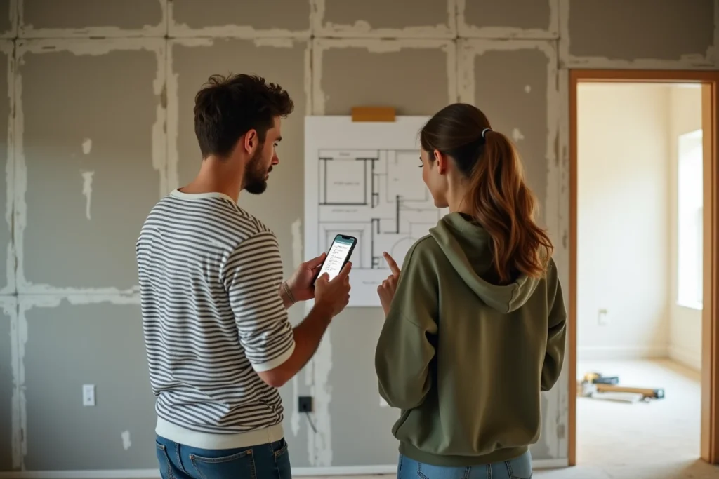Couple consultant une application de calcul de surface sur smartphone dans une pièce en cours de rénovation