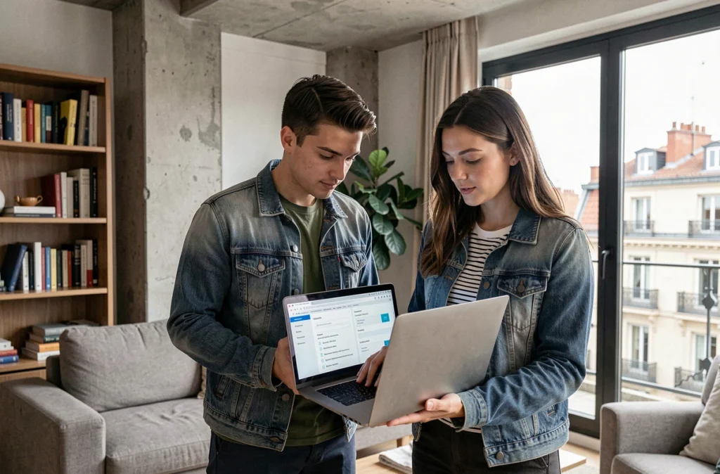 Jeune couple comparant des offres d'assurance habitation sur un ordinateur portable dans un appartement moderne à Bordeaux