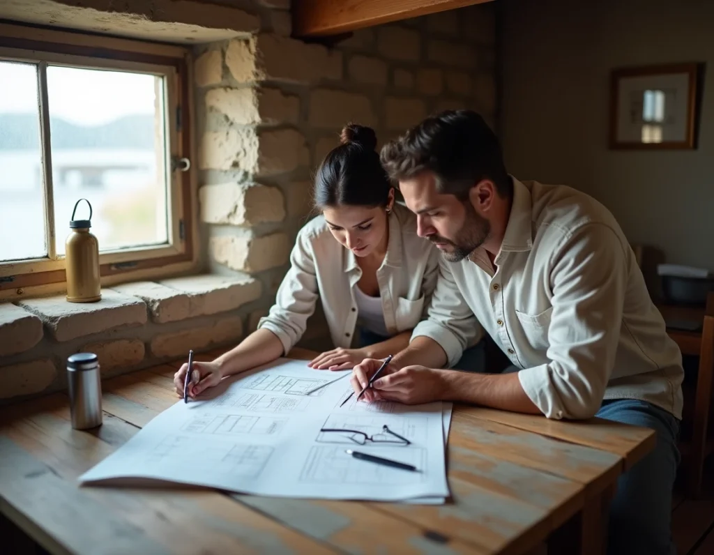 Couple examinant un compromis de vente et une check-list dans une maison de pêcheur en pierre