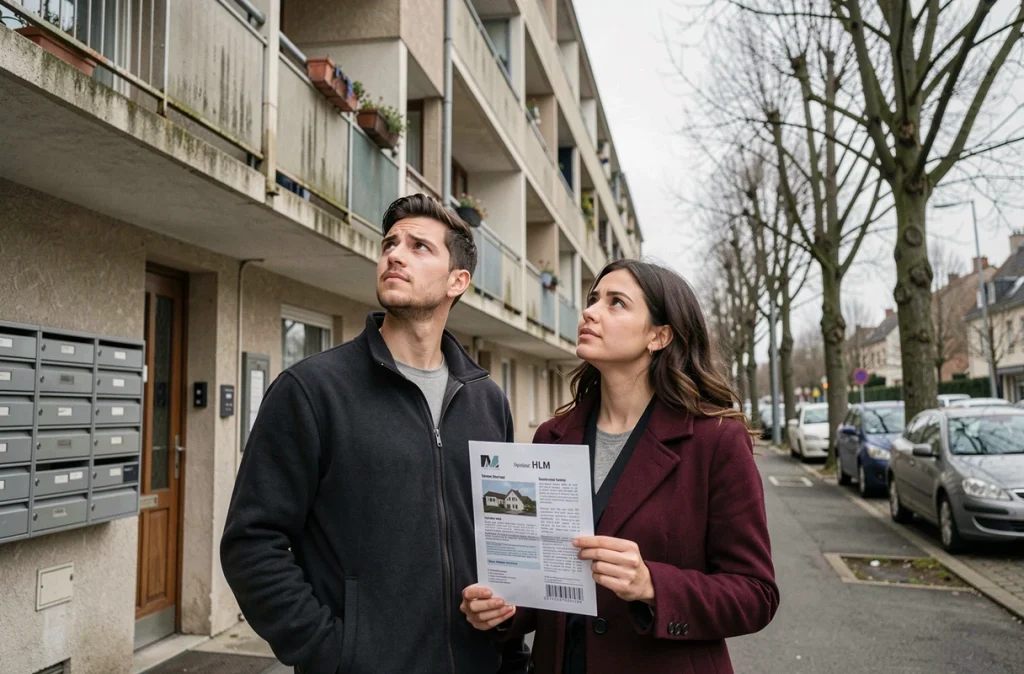 Couple devant un immeuble HLM tenant une annonce de logement social, symbolisant l'attente et les démarches liées aux attributions LOC'annonces