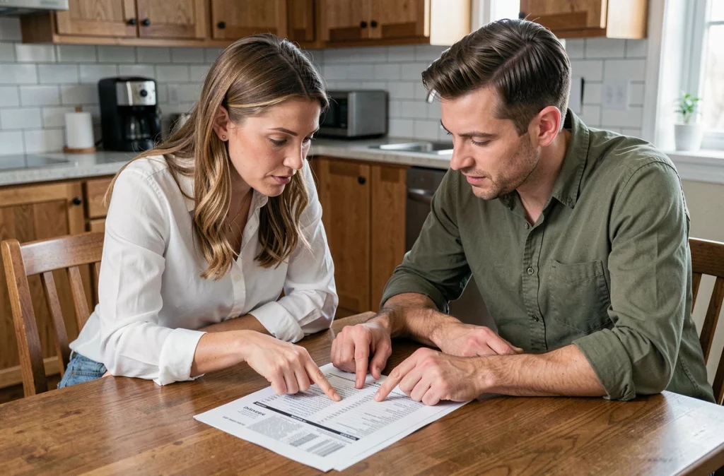 Couple vérifiant ensemble la liste de mobilier d'une location meublée avant la signature du bail
