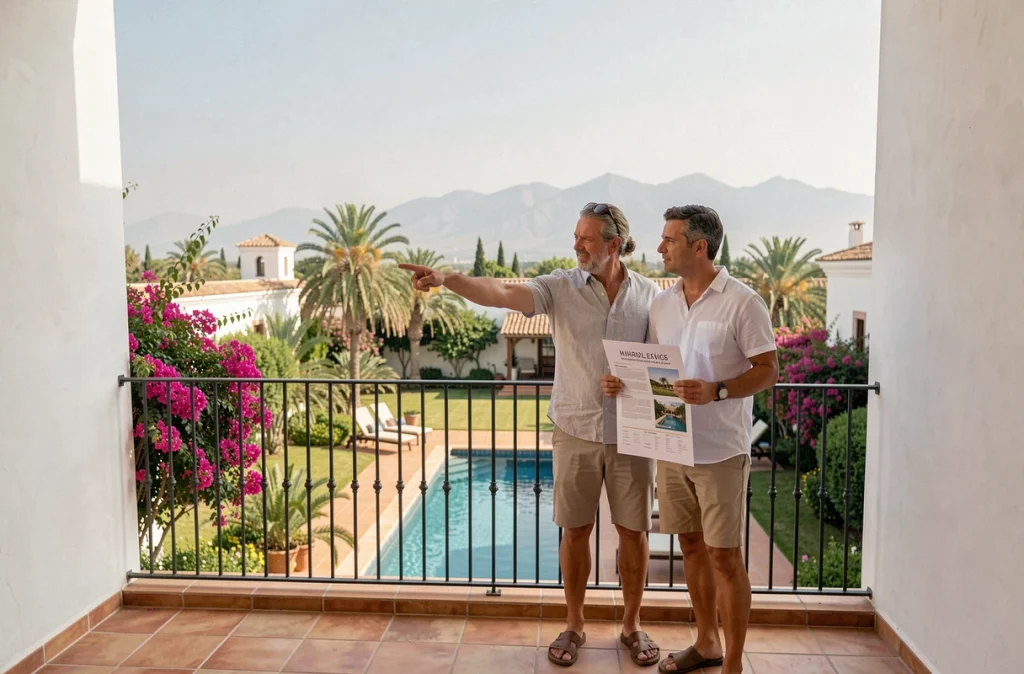 Couple visitant une villa avec piscine à Marrakech en consultant une fiche de propriété lors d'une visite immobilière
