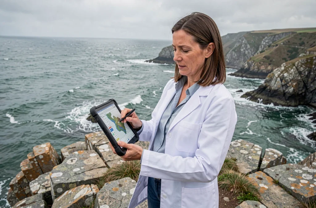 Consultante Creocean effectuant un relevé environnemental sur le littoral basque dans les Pyrénées-Atlantiques