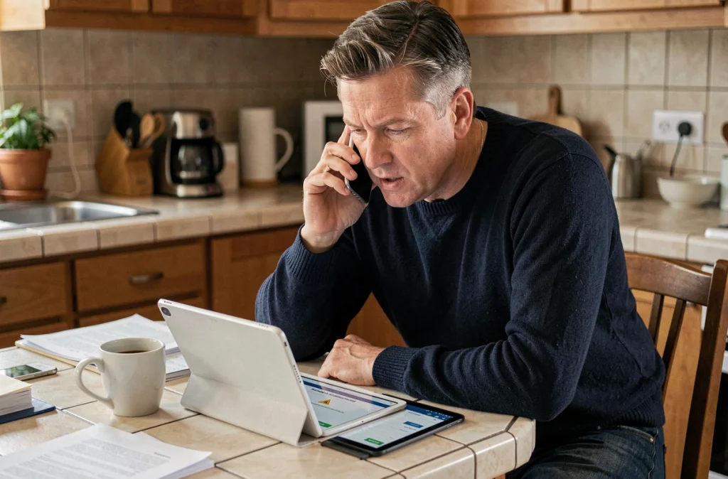 Homme au téléphone tentant de débloquer un dossier administratif bloqué depuis son domicile