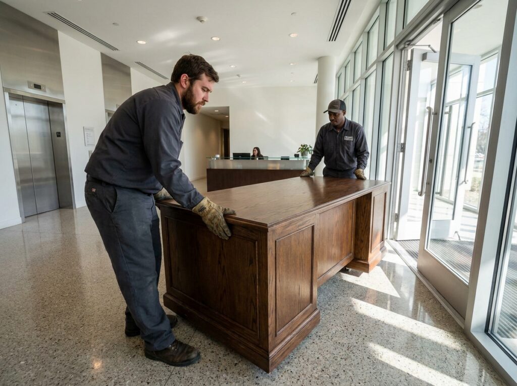 Deux déménageurs professionnels transportant un bureau en bois hors d'un immeuble de bureaux lors d'un déménagement d'entreprise