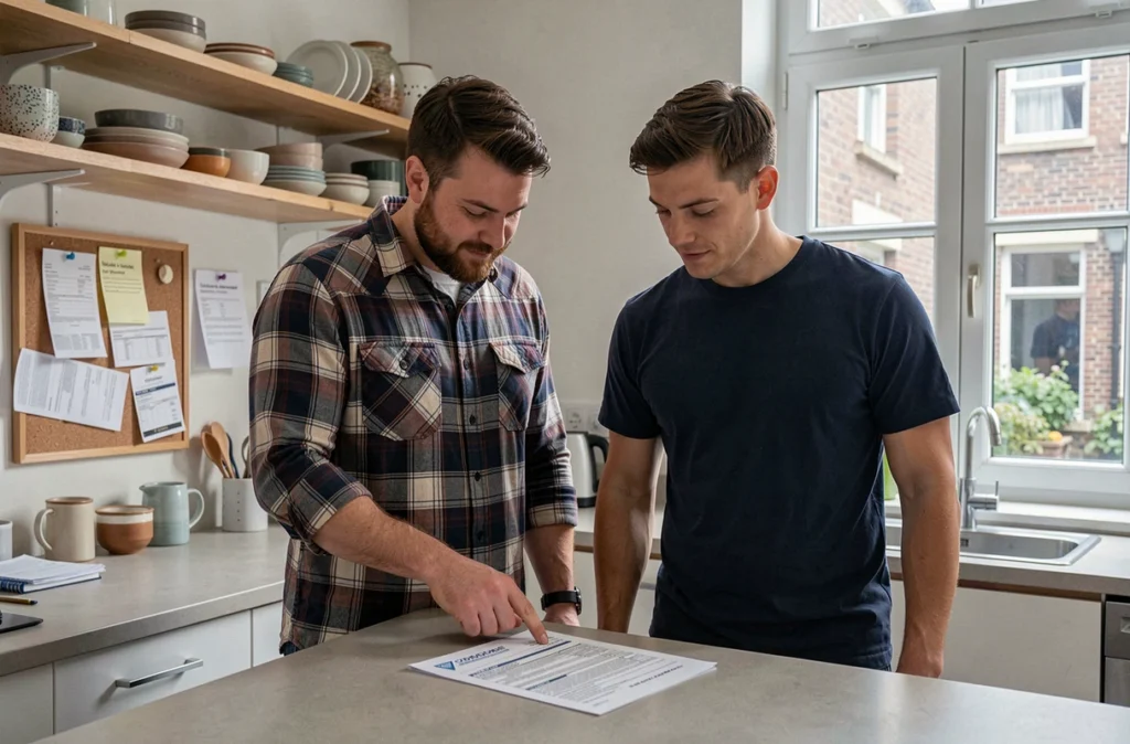 Deux colocataires masculins examinant un devis d'assurance habitation imprimé dans la cuisine de leur appartement partagé