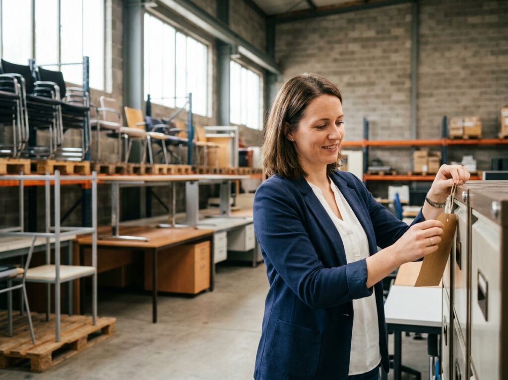 Coordinatrice développement durable étiquetant du mobilier de bureau d'occasion dans un entrepôt de réemploi lors d'un déménagement professionnel