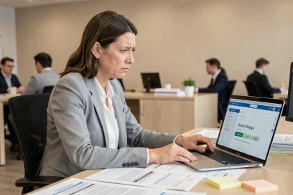 Femme en bureau consultant un dossier bloqué sur une plateforme administrative en ligne