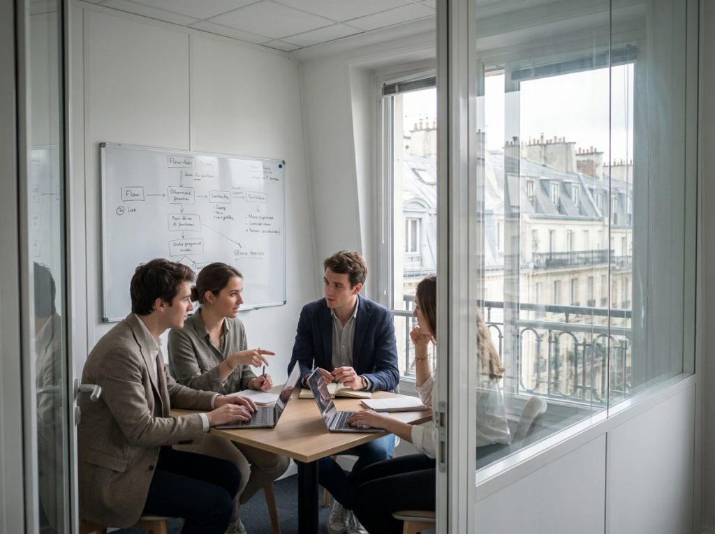Équipe de jeunes professionnels en réunion dans un petit bureau loué à Paris avec vue sur les toits