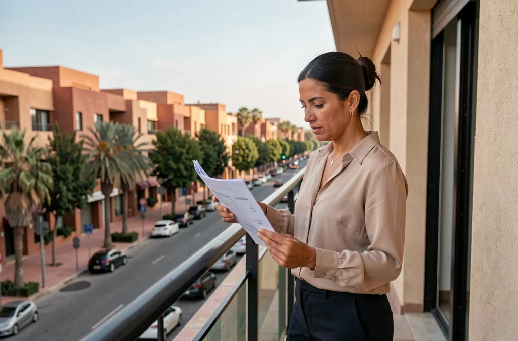 Femme évaluant l'estimation d'un appartement à vendre sur un balcon avec vue sur le quartier Guéliz à Marrakech