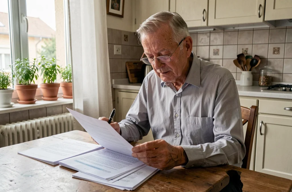 Un homme âgé examine attentivement un contrat de viager libre sans bouquet à son domicile avant la signature chez le notaire