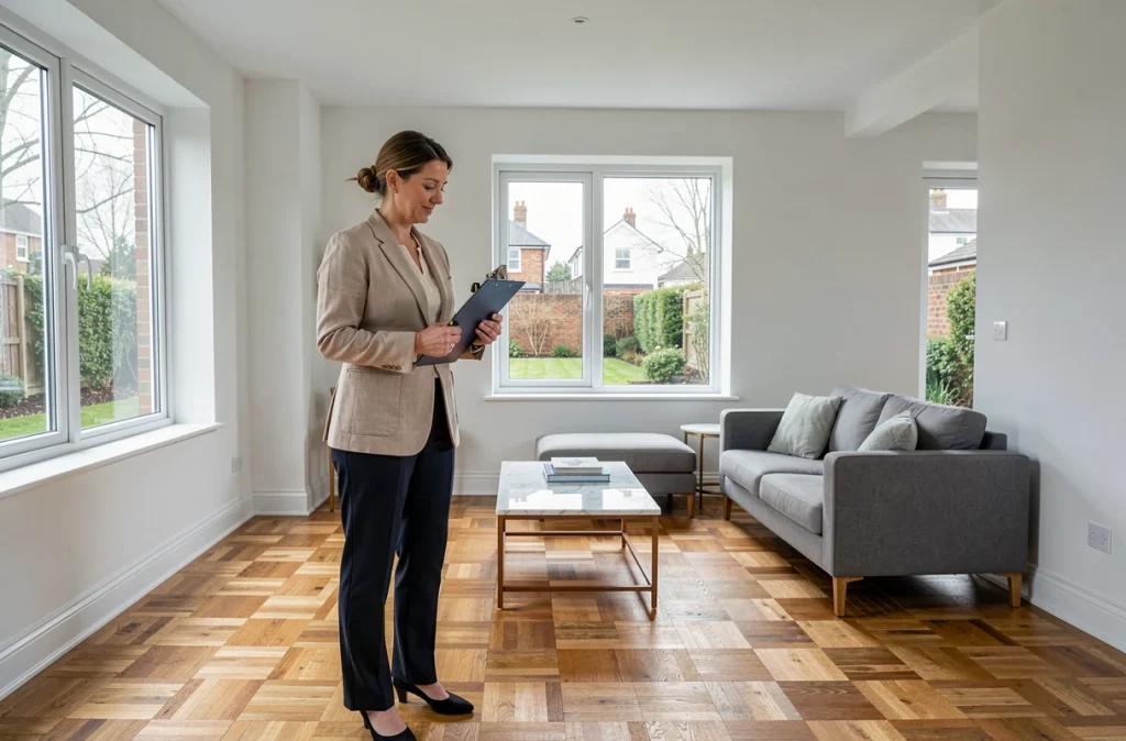Experte immobilière effectuant l'estimation d'une maison lors d'une visite sur place