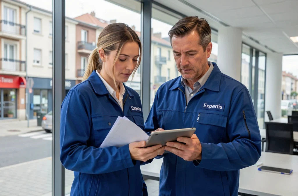 Équipe Expertis, diagnostiqueurs immobiliers, consultant des documents techniques dans leur bureau à Pau