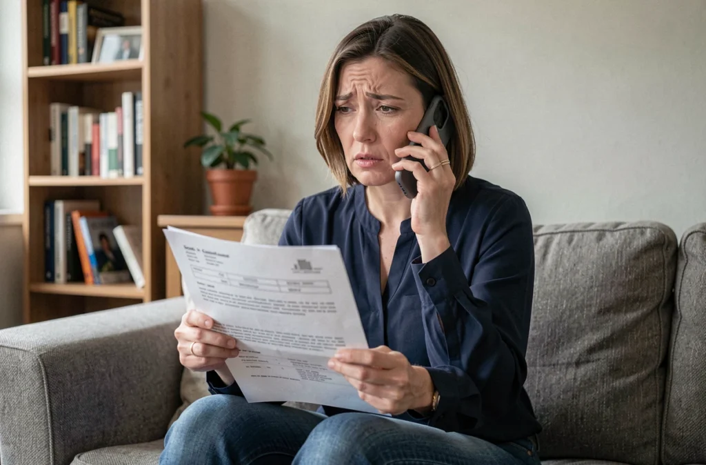 Femme téléphonant à son assureur après une résiliation pour non-paiement dans son salon