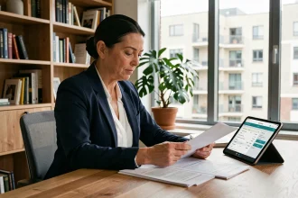 Femme consultant un annuaire de copropriétés sur tablette dans un bureau à domicile, documents de syndic étalés sur la table