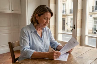 Femme consultant un contrat d'assurance habitation dans un appartement bordelais aux murs en pierre blanche