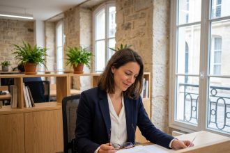 Femme professionnelle travaillant dans un espace de coworking parisien avec murs en pierre et mobilier moderne en bois