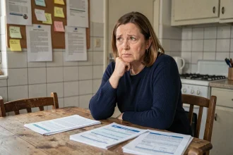 Femme consultant des dossiers de demande de logement social sur une table de cuisine, illustrant les démarches administratives liées aux LOC'annonces