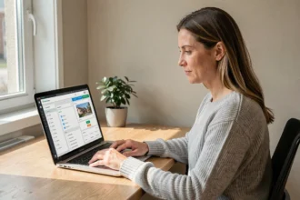 Femme consultant son espace personnel MyFoncia sur un ordinateur portable dans un bureau à domicile
