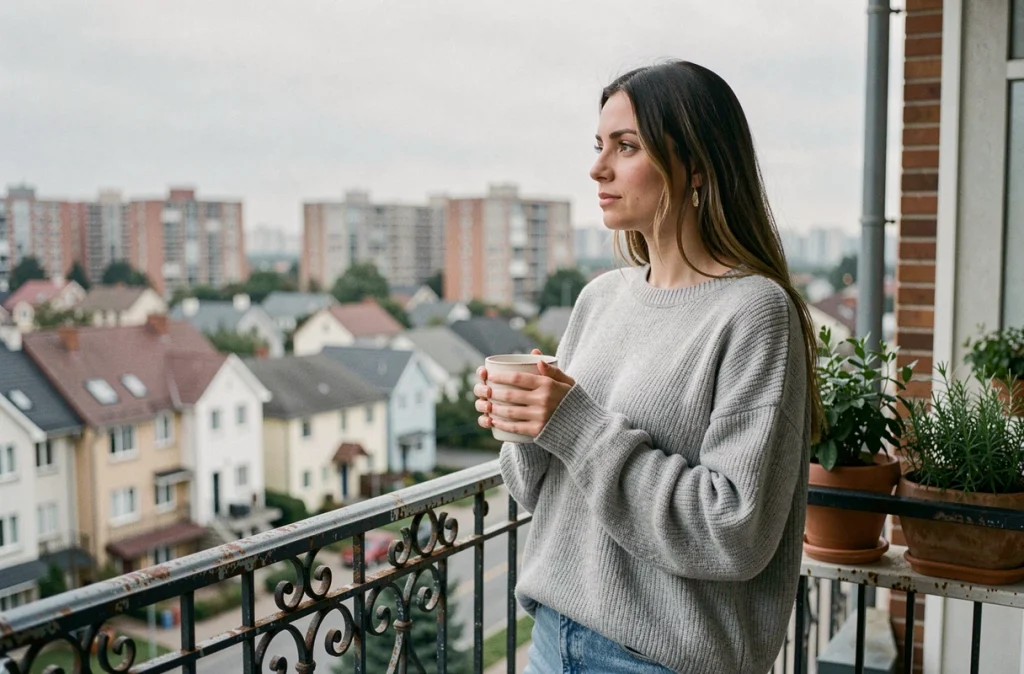 Jeune femme locataire pensive sur son balcon d'appartement en ville, contemplant le paysage urbain tout en réfléchissant à l'achat immobilier