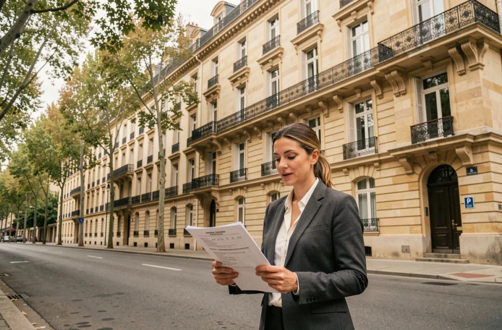 Conseillère Foncia devant un immeuble haussmannien typique de Bordeaux