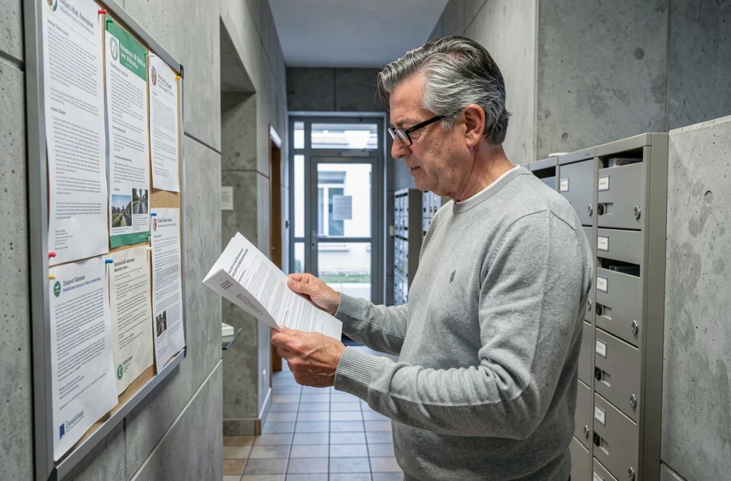 Homme lisant les affichages officiels d'un syndic de copropriété dans le couloir d'un immeuble résidentiel parisien