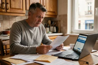 Homme stressé consultant des documents d'assurance résiliée à la table de sa cuisine