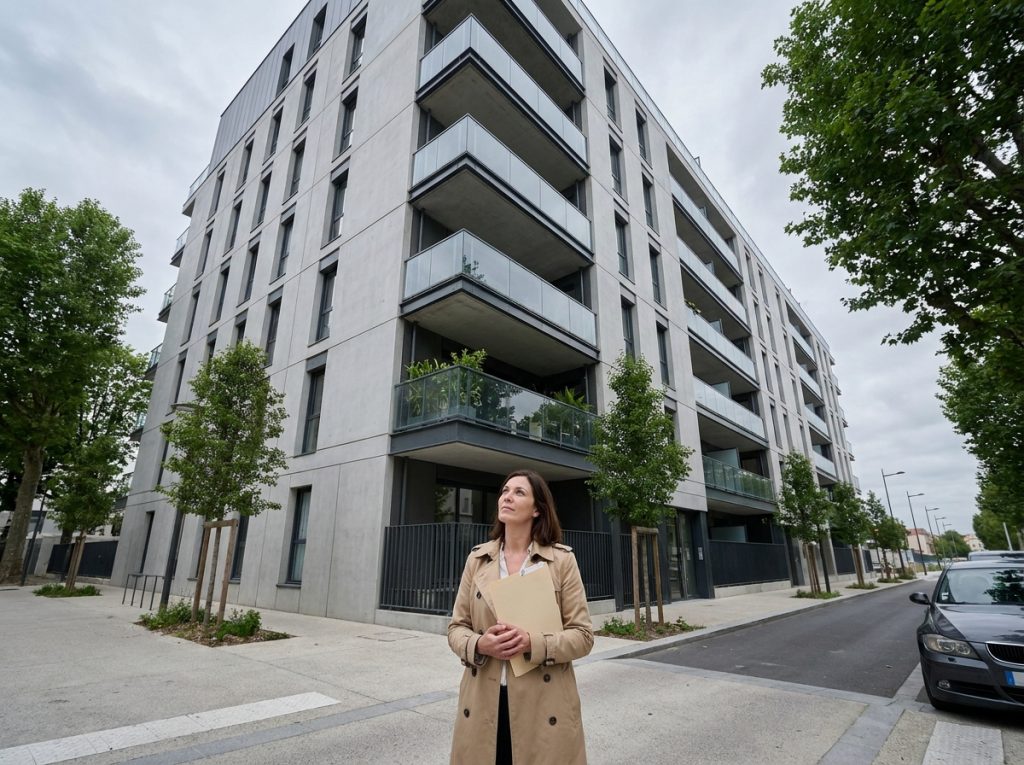 Femme évaluant la façade d'un immeuble neuf lors d'un achat immobilier à Nanterre