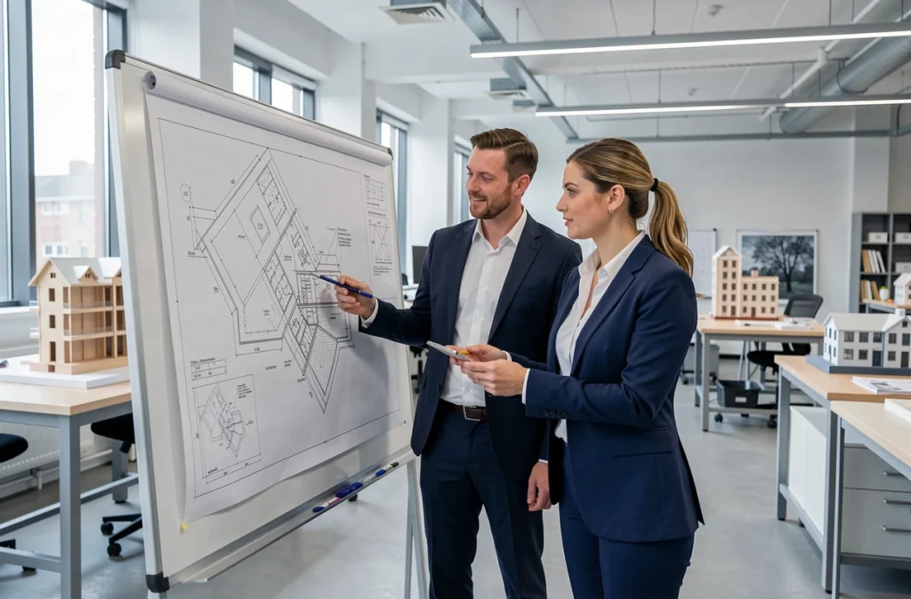Équipe d'ingénieurs Ingerop Conseil et Ingénierie collaborant sur des plans techniques dans un bureau d'études