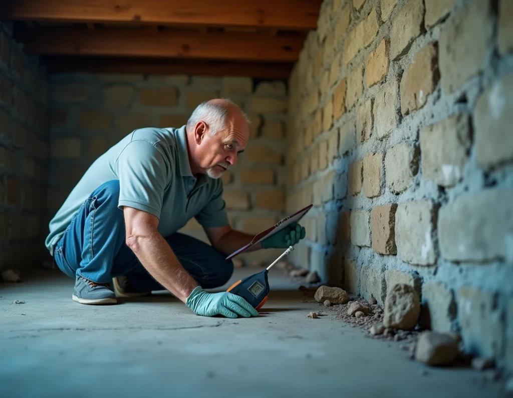 Expert immobilier inspectant les fissures et l'humidité dans les murs en pierre d'une maison de pêcheur